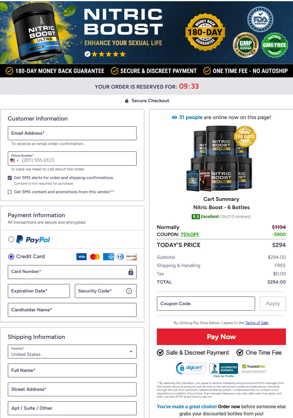 Secure Nitric Boost Ultra checkout page for placing your order